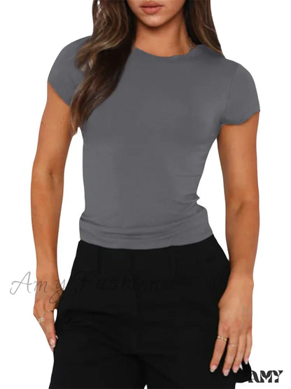 Amy Fashion - Casual Short Sleeve Solid Color Slim Fit Pullovers T-Shirts