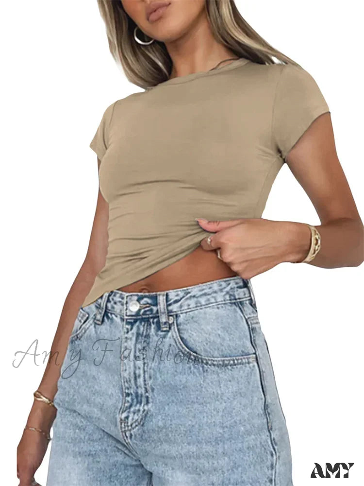 Amy Fashion - Casual Short Sleeve Solid Color Slim Fit Pullovers T-Shirts