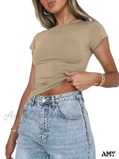 Amy Fashion - Casual Short Sleeve Solid Color Slim Fit Pullovers T-Shirts