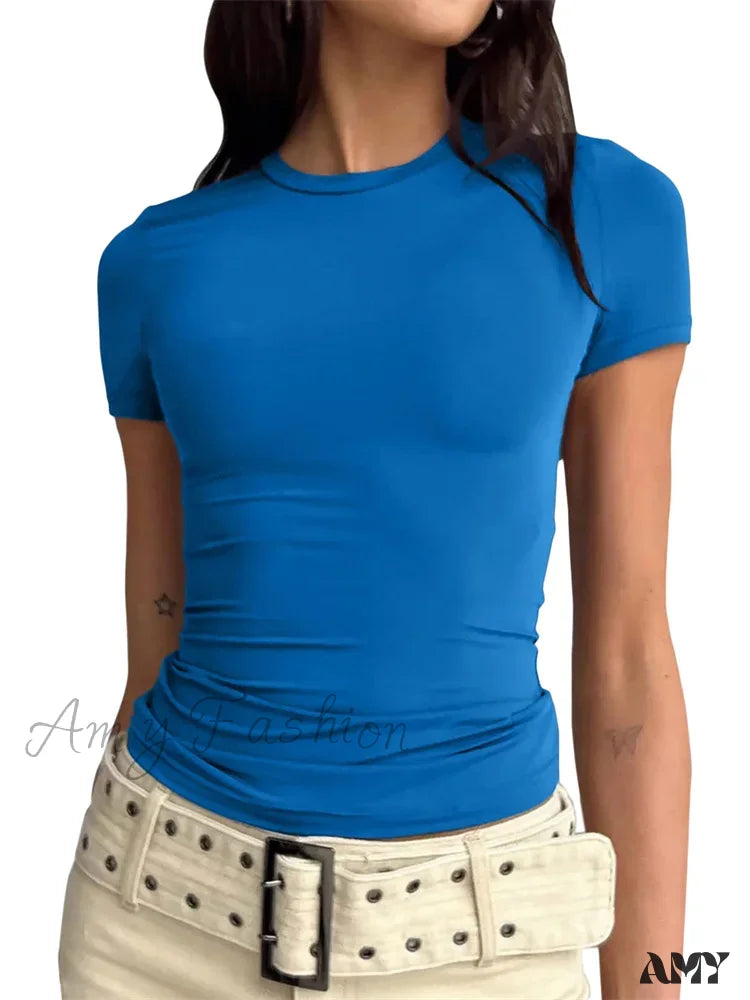 Amy Fashion - Casual Short Sleeve Solid Color Slim Fit Pullovers T-Shirts Dark Blue / S