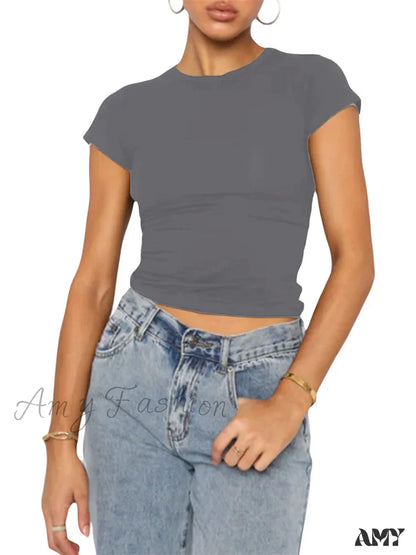 Amy Fashion - Casual Short Sleeve Solid Color Slim Fit Pullovers T-Shirts Dark Grey / S