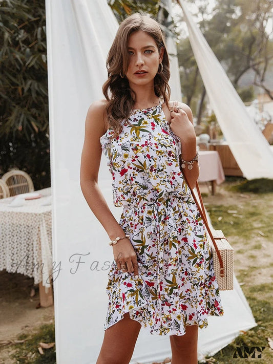 Amy Fashion - Casual Sleeveless Ruffles Above Knee Floral Dress