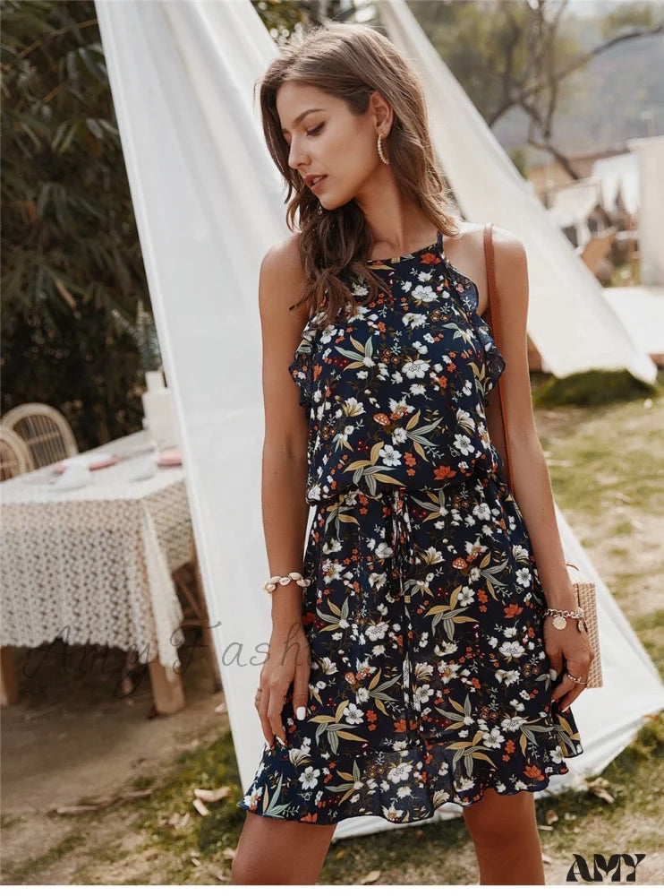 Amy Fashion - Casual Sleeveless Ruffles Above Knee Floral Dress