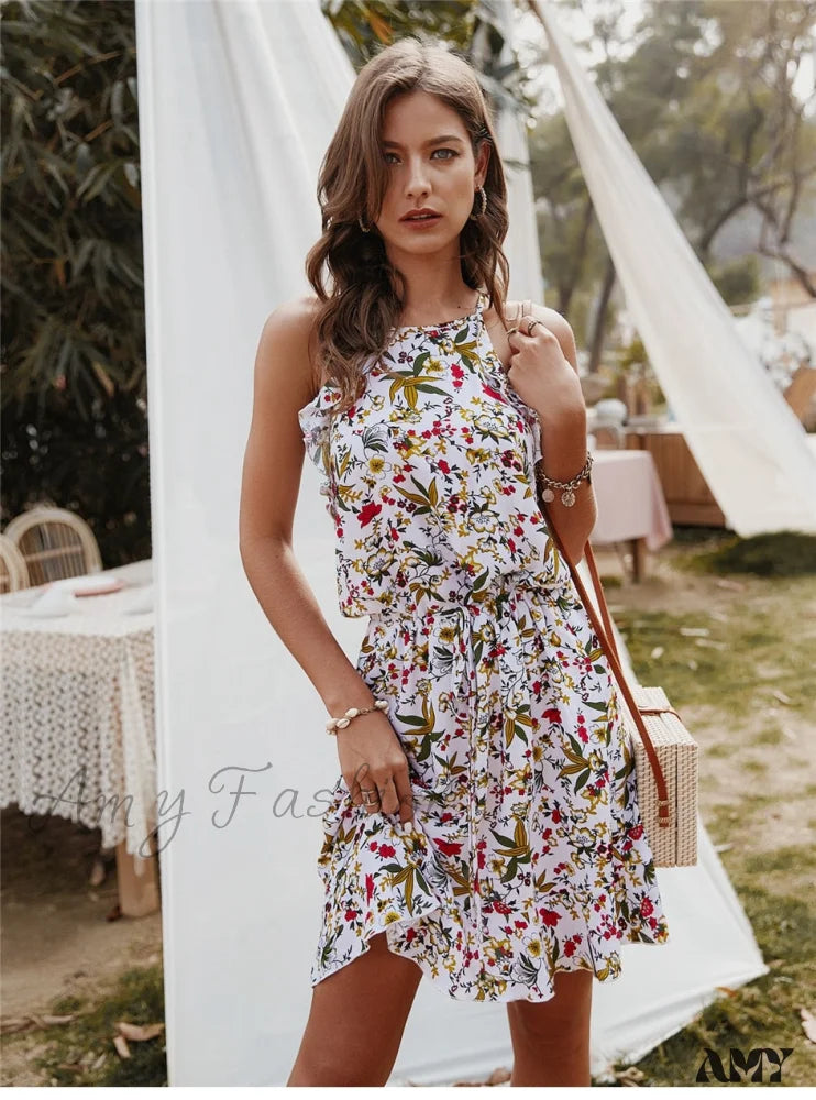 Amy Fashion - Casual Sleeveless Ruffles Above Knee Floral Dress