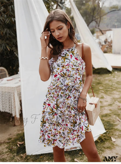 Amy Fashion - Casual Sleeveless Ruffles Above Knee Floral Dress