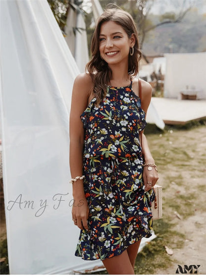 Amy Fashion - Casual Sleeveless Ruffles Above Knee Floral Dress