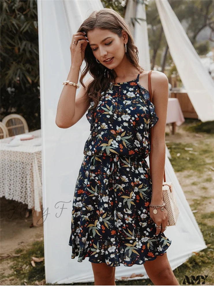 Amy Fashion - Casual Sleeveless Ruffles Above Knee Floral Dress