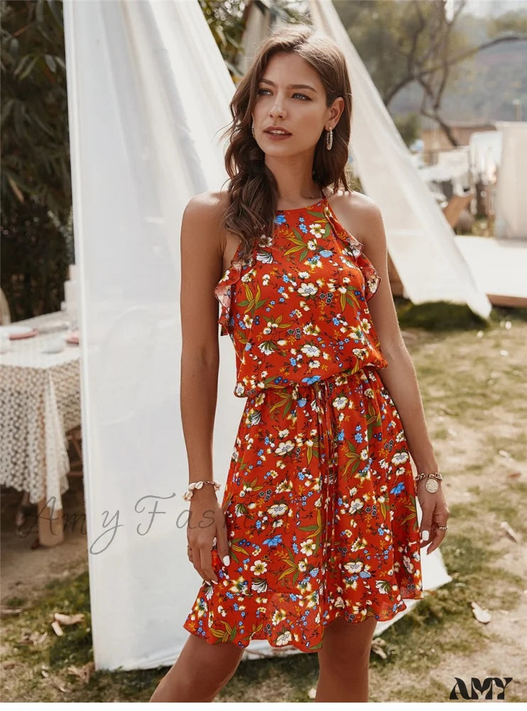 Amy Fashion - Casual Sleeveless Ruffles Above Knee Floral Dress