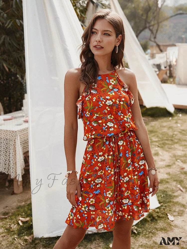 Amy Fashion - Casual Sleeveless Ruffles Above Knee Floral Dress Red / M