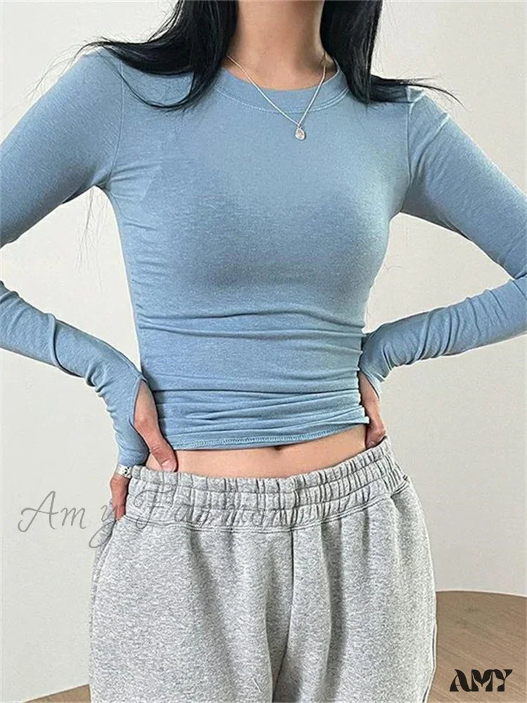 Amy Fashion - Casual Slim Fit Long Sleeve O-Neck Tops Spring Fall T-Shirts Blue / S