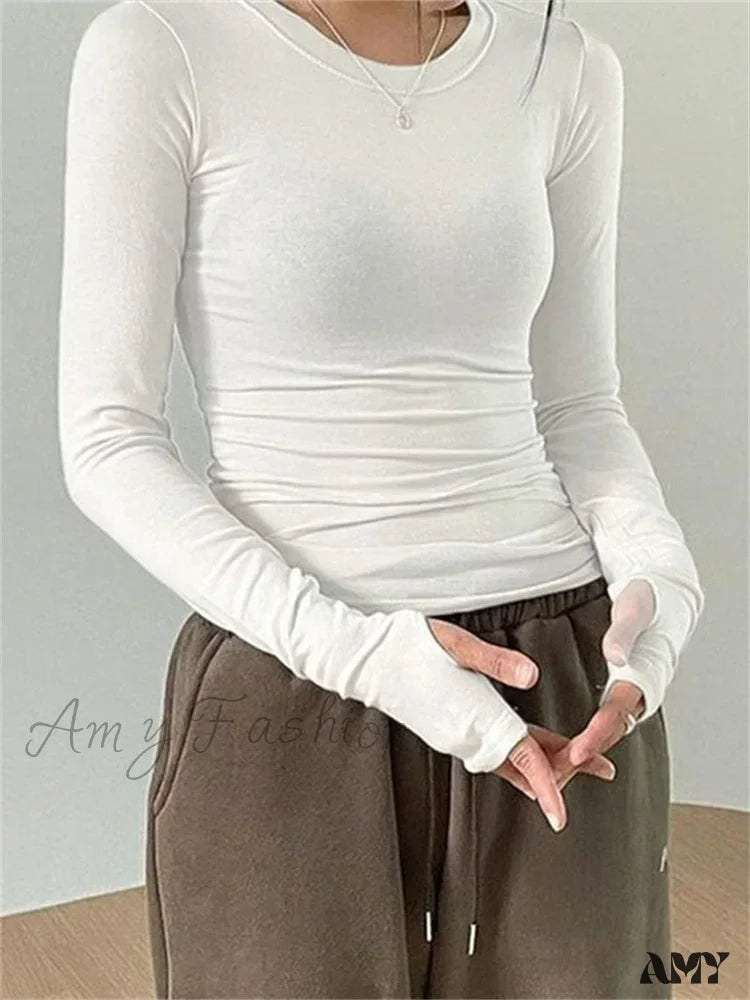 Amy Fashion - Casual Slim Fit Long Sleeve O-Neck Tops Spring Fall T-Shirts White / S