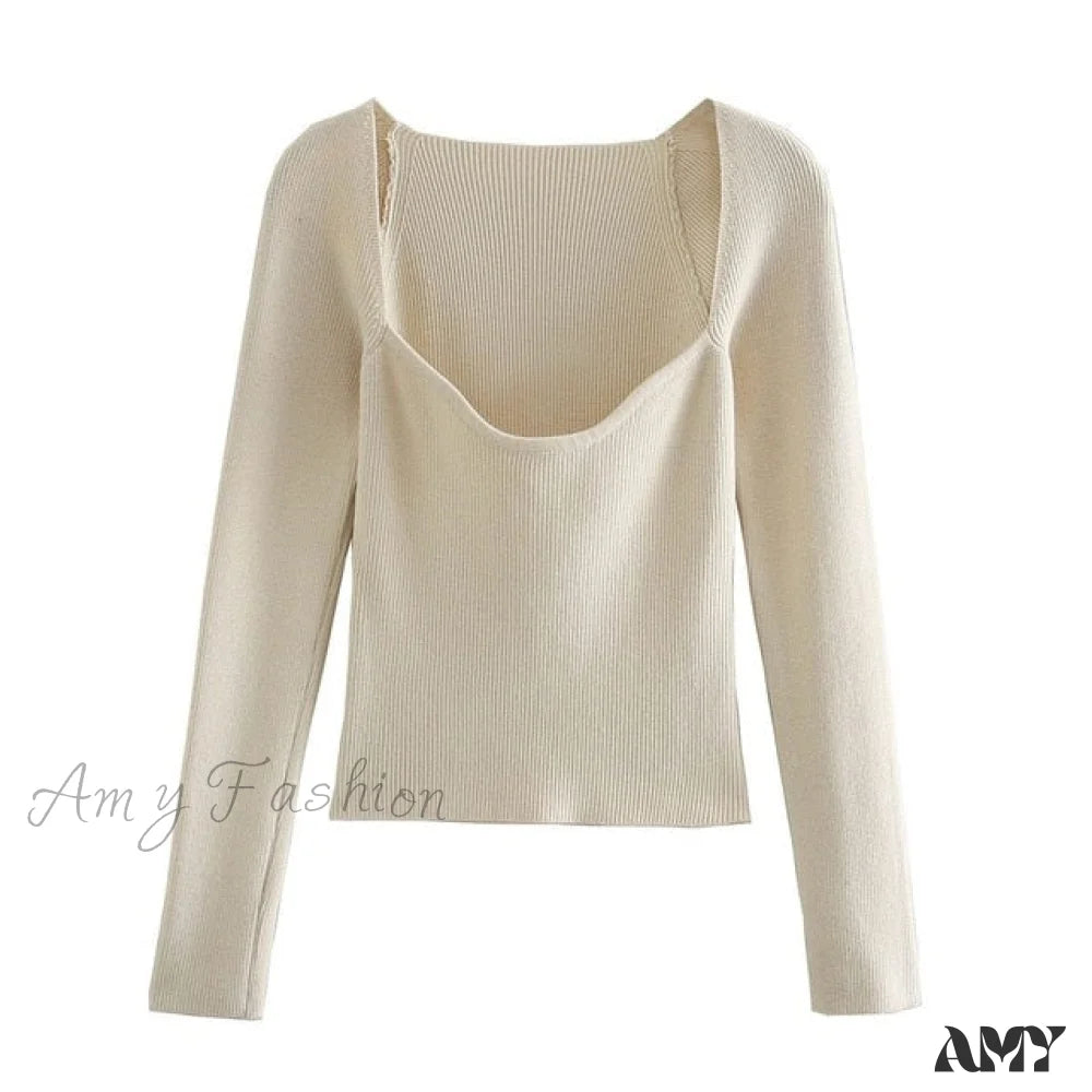 Amy Fashion - Casual Slim-Fit Tight Knitted Sweaters Beige / S