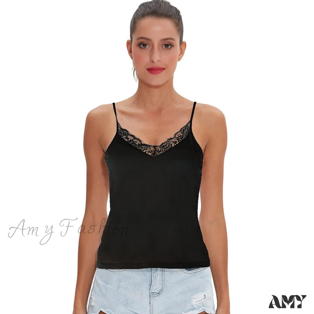 Amy Fashion - Casual Soft Elastic Cotton Lace Tank Tops Black / S