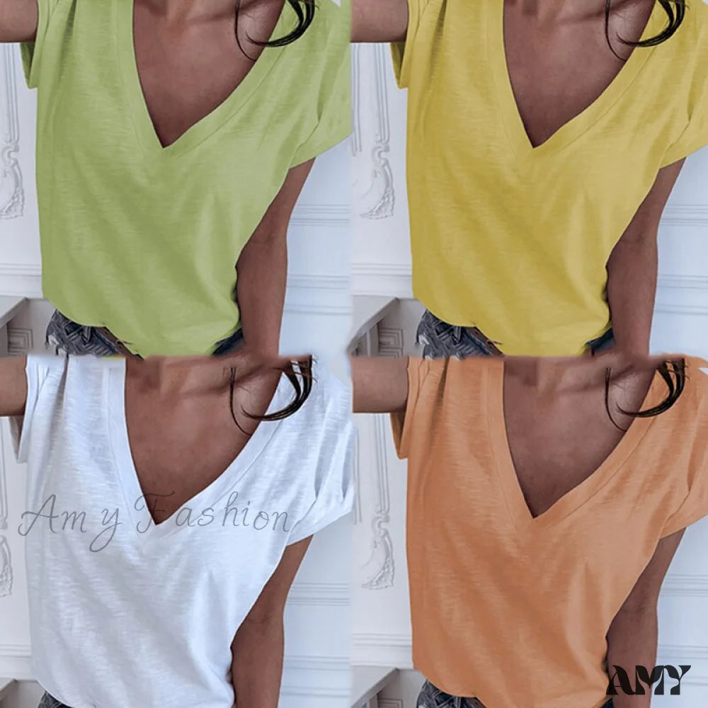 Amy Fashion - Casual Solid Color Short Sleeve V Neck T-Shirt