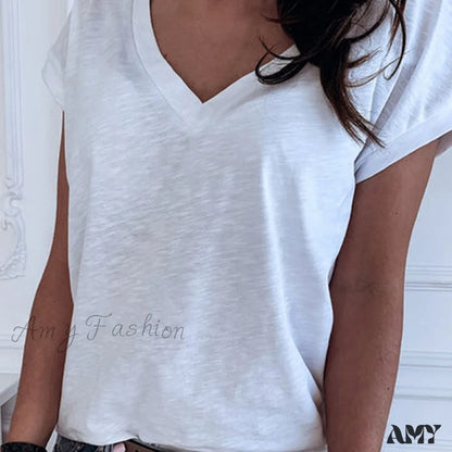 Amy Fashion - Casual Solid Color Short Sleeve V Neck T-Shirt