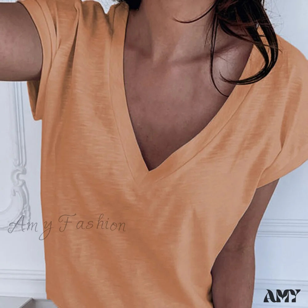 Amy Fashion - Casual Solid Color Short Sleeve V Neck T-Shirt