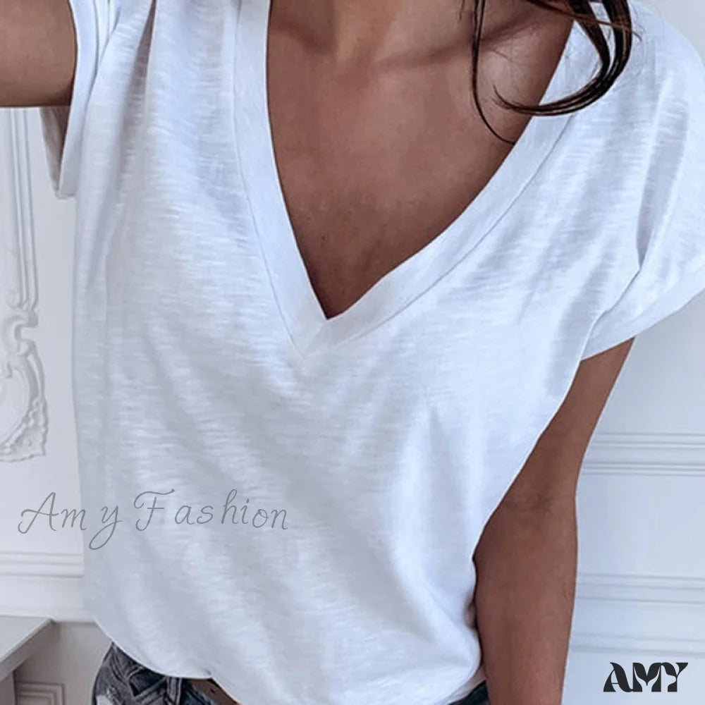 Amy Fashion - Casual Solid Color Short Sleeve V Neck T-Shirt