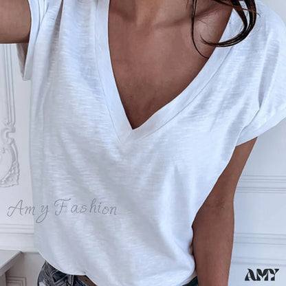 Amy Fashion - Casual Solid Color Short Sleeve V Neck T-Shirt