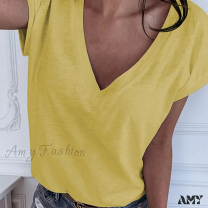 Amy Fashion - Casual Solid Color Short Sleeve V Neck T-Shirt A Yellow / S