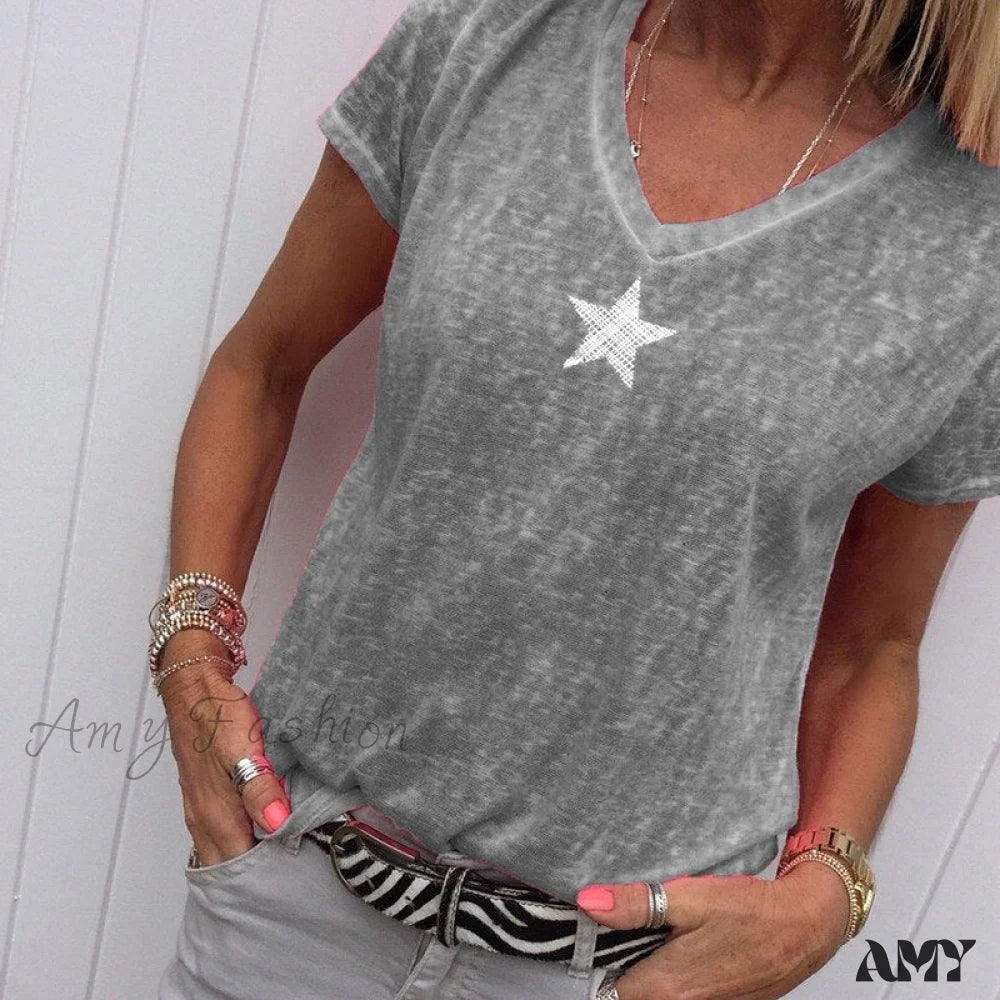 Amy Fashion - Casual Solid Color Short Sleeve V Neck T-Shirt B Gray / S