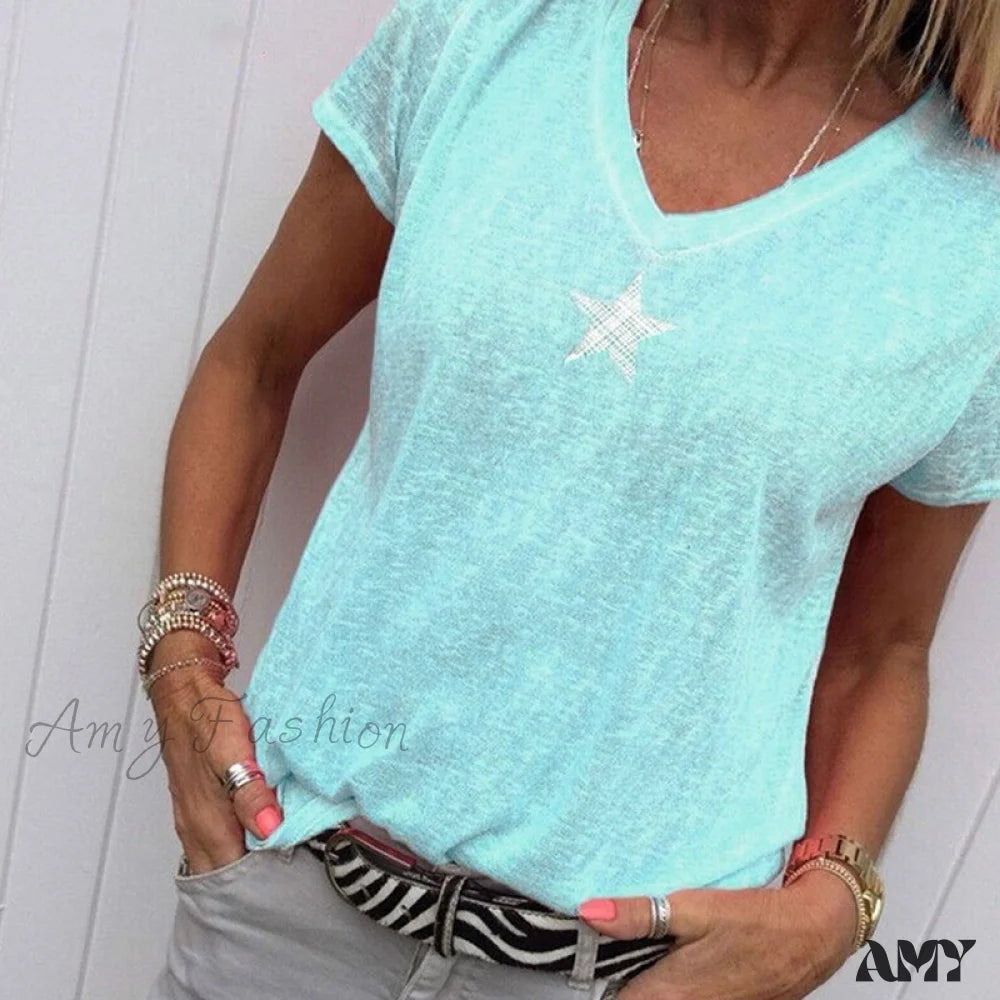 Amy Fashion - Casual Solid Color Short Sleeve V Neck T-Shirt B Sky Blue / S