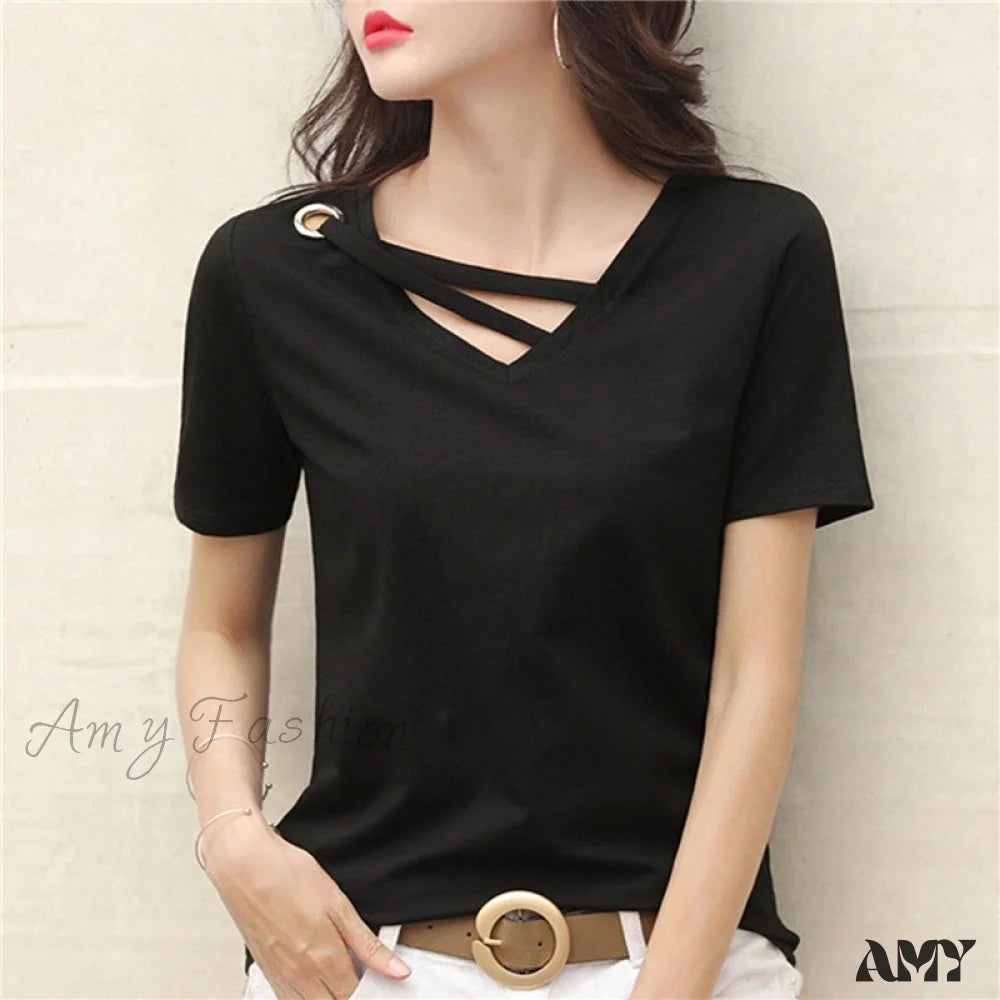 Amy Fashion - Casual Solid Color Short Sleeve V Neck T-Shirt D Black / S