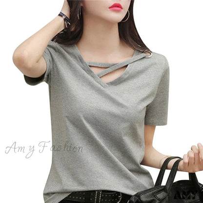 Amy Fashion - Casual Solid Color Short Sleeve V Neck T-Shirt D Gray / S