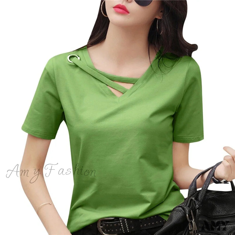 Amy Fashion - Casual Solid Color Short Sleeve V Neck T-Shirt D Green / S