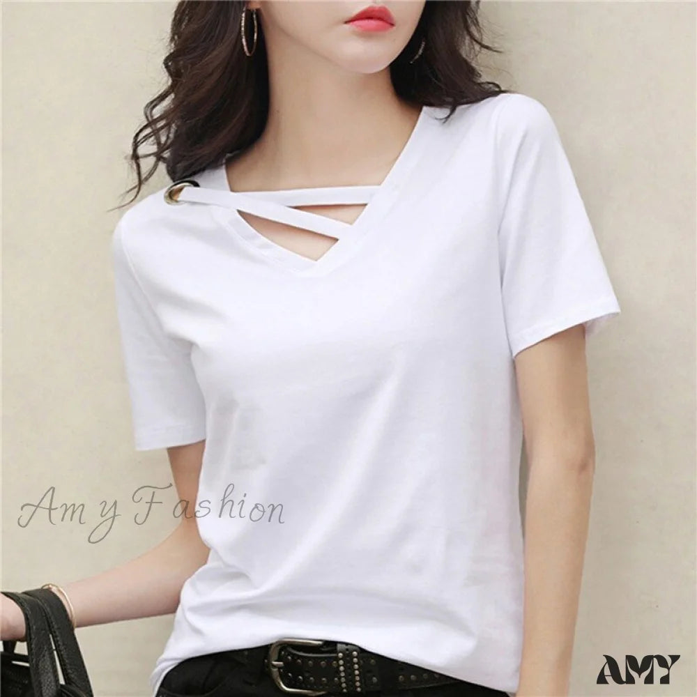 Amy Fashion - Casual Solid Color Short Sleeve V Neck T-Shirt D White / S