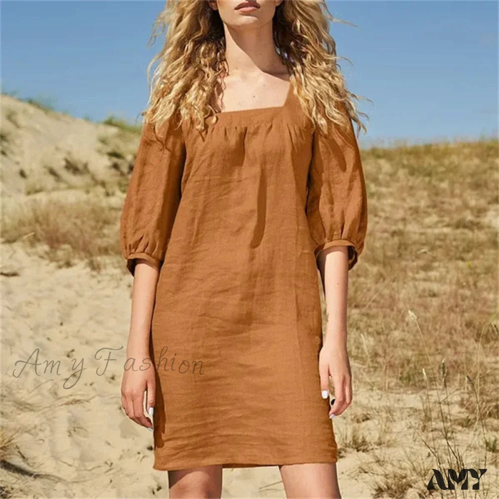 Amy Fashion - Casual Solid Color Straight Party Dress 02 Caramel / S