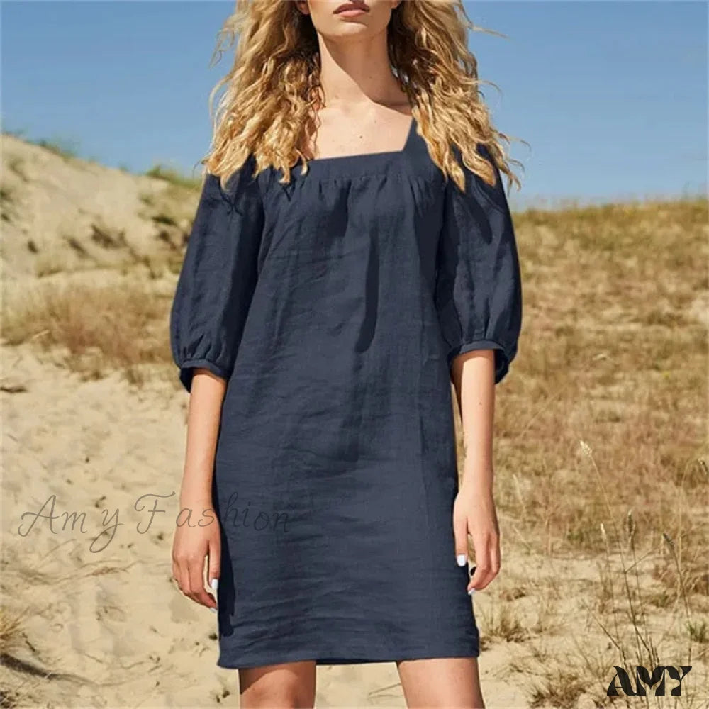 Amy Fashion - Casual Solid Color Straight Party Dress 03 Navy Blue / S