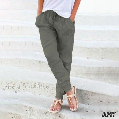 Amy Fashion - Casual Solid Elastic Waist Loose Pants Dark Green / S