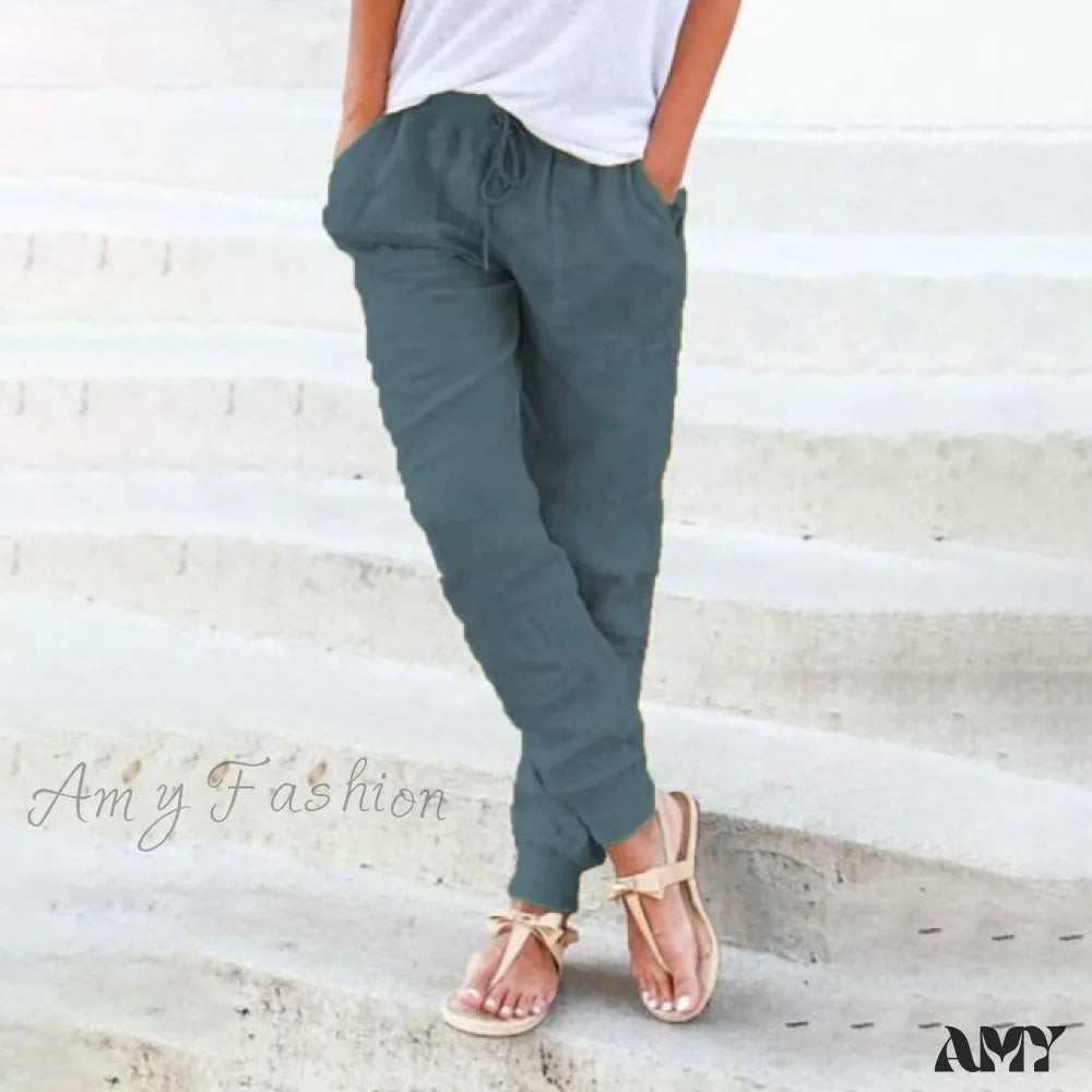 Amy Fashion - Casual Solid Elastic Waist Loose Pants Green / S