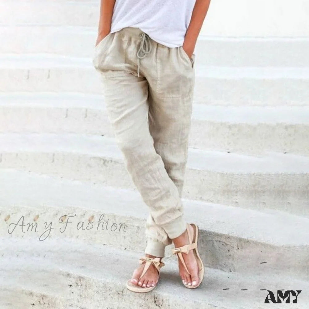 Amy Fashion - Casual Solid Elastic Waist Loose Pants Khaki / S