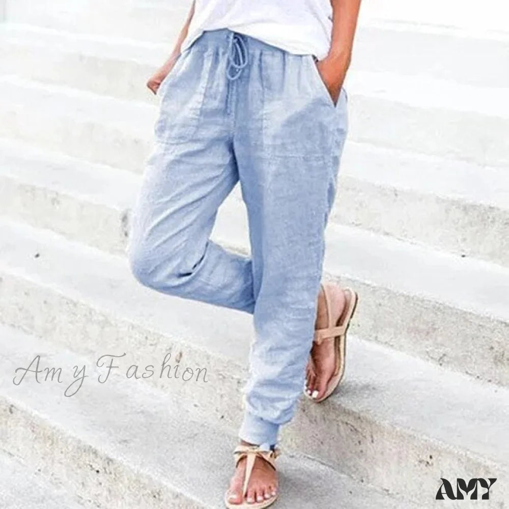 Amy Fashion - Casual Solid Elastic Waist Loose Pants Light Blue / S