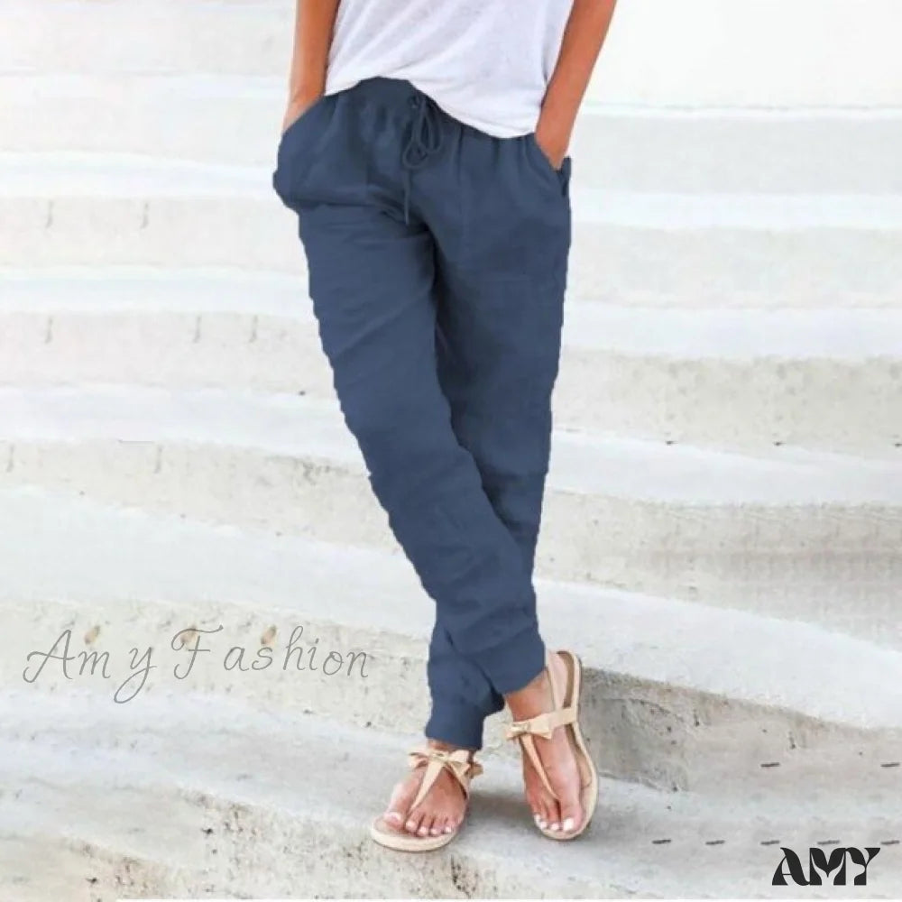 Amy Fashion - Casual Solid Elastic Waist Loose Pants Navy / S