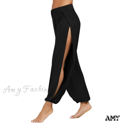 Amy Fashion - Casual Solid Hollow Elastic Waist Trousers Black / S