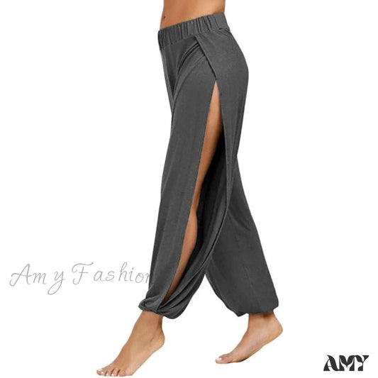 Amy Fashion - Casual Solid Hollow Elastic Waist Trousers Dark Grey / S