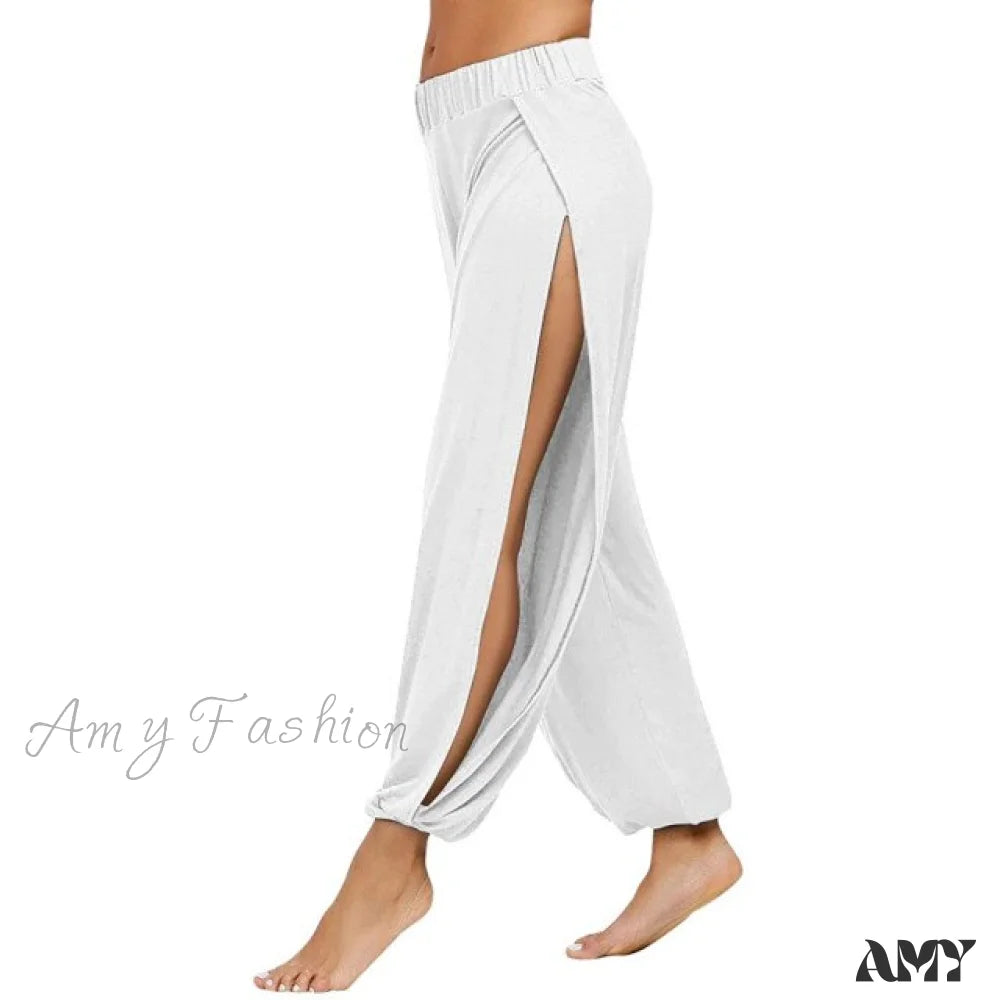 Amy Fashion - Casual Solid Hollow Elastic Waist Trousers White / S