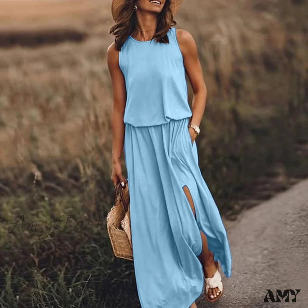 Amy Fashion - Casual Solid Round Neck Beach Dress Sleeveless Slit Blue / S