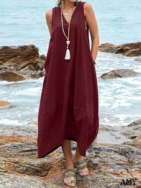 Amy Fashion - Casual Solid Sleeveless V-Neck Long Dress 01 Wine Red / S