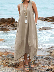 Amy Fashion - Casual Solid Sleeveless V-Neck Long Dress 02 Khaki / S