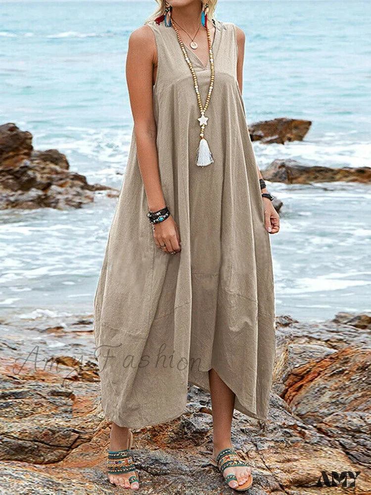 Amy Fashion - Casual Solid Sleeveless V-Neck Long Dress