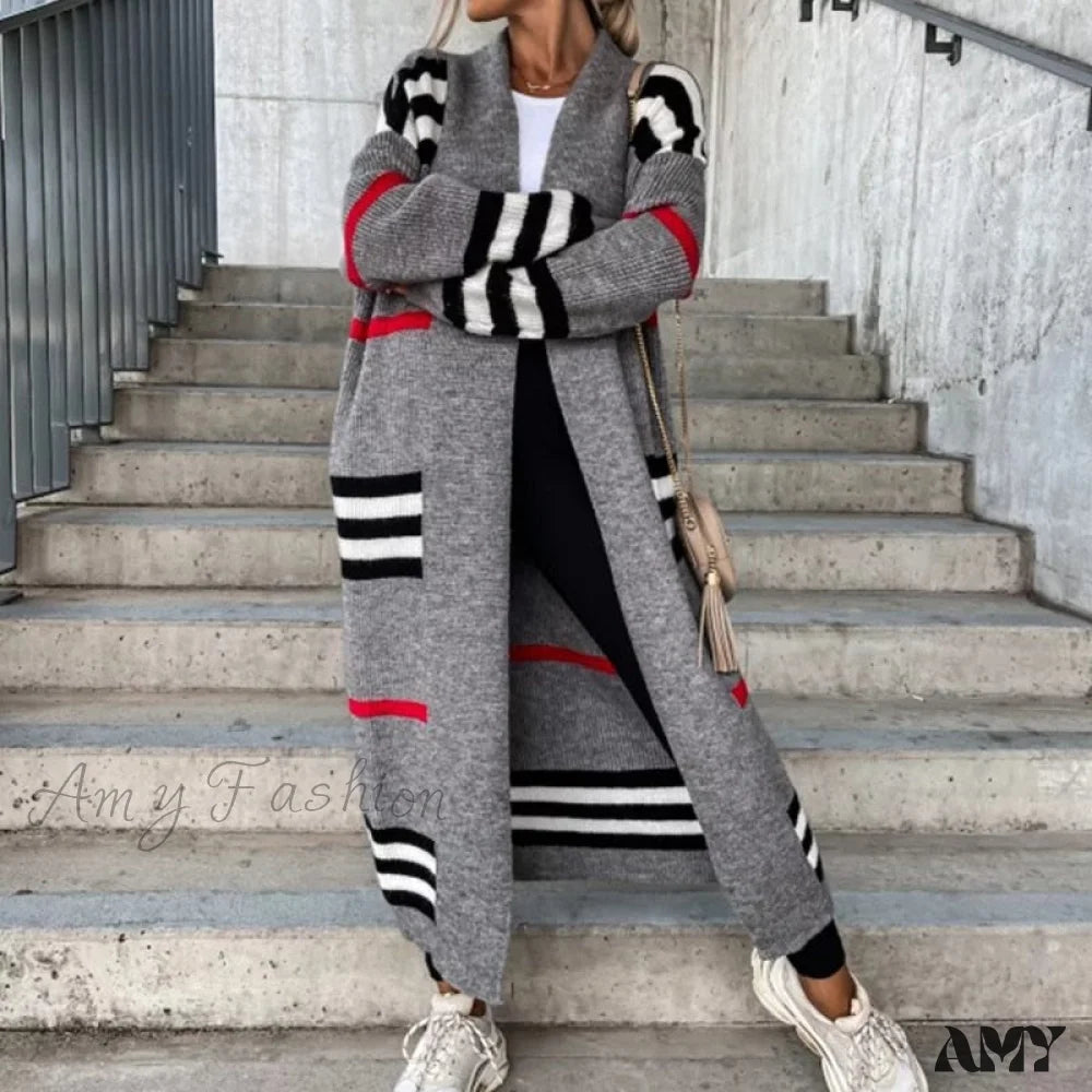 Amy Fashion - Casual Striped Color Matching Knitted Long Sweaters Cardigan 01 Grey / S