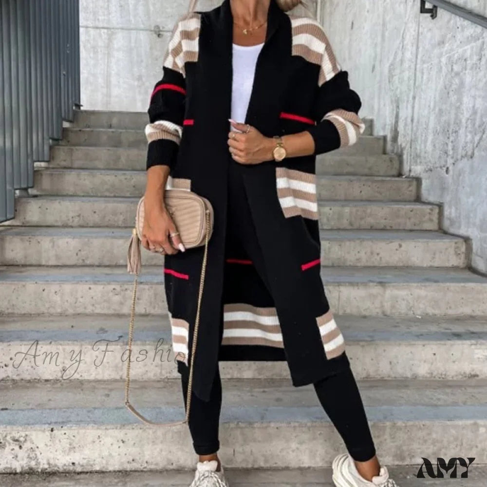 Amy Fashion - Casual Striped Color Matching Knitted Long Sweaters Cardigan 02 Black / S