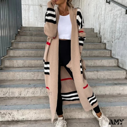 Amy Fashion - Casual Striped Color Matching Knitted Long Sweaters Cardigan 03 Camel / S