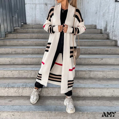 Amy Fashion - Casual Striped Color Matching Knitted Long Sweaters Cardigan 04 Off White / S