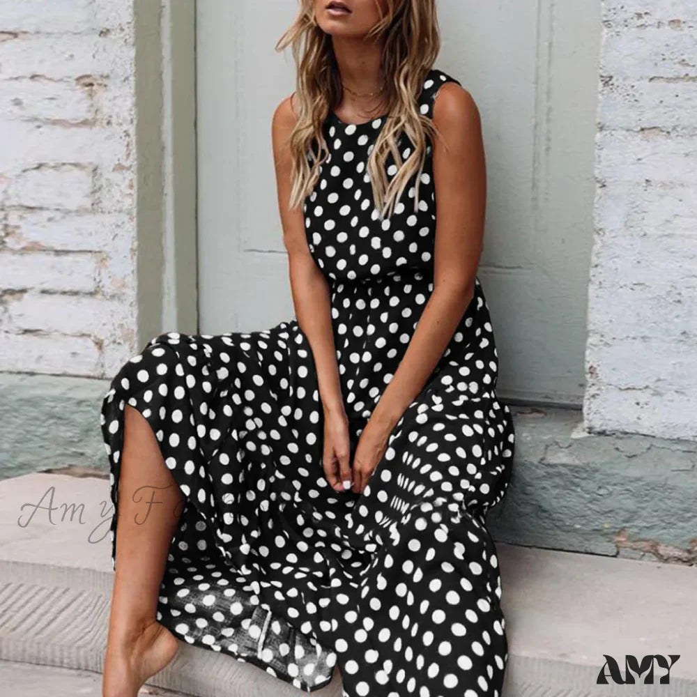 Amy Fashion - Casual Versatile Sleeveless Round Neck Polka Dot Boho Dress Black / S