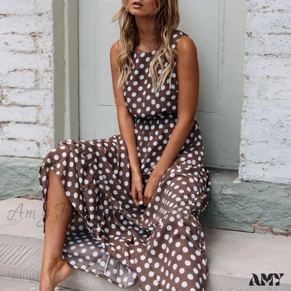 Amy Fashion - Casual Versatile Sleeveless Round Neck Polka Dot Boho Dress Coffee / S