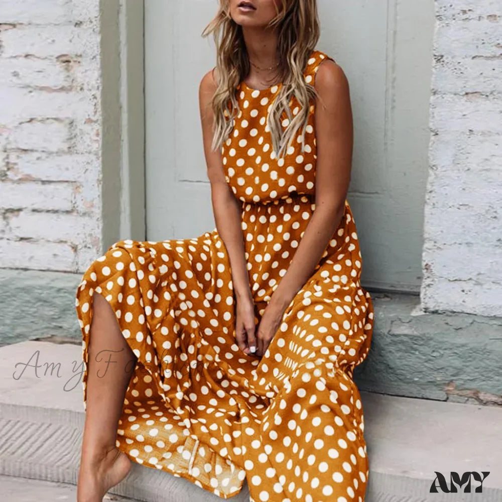 Amy Fashion - Casual Versatile Sleeveless Round Neck Polka Dot Boho Dress Yellow / S